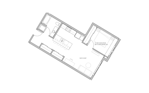 Floor plan for 1 bed, 1 bath, 697 sqft
